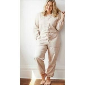 Beige Utility Jumpsuit Casual Drawstring Waist Long Sleeve Relaxed Fit Medium